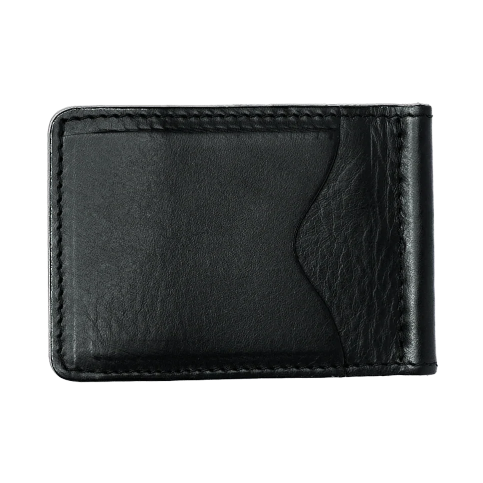 SLIM LEATHER WALLET WITH MONEY CLIP IN BLACK